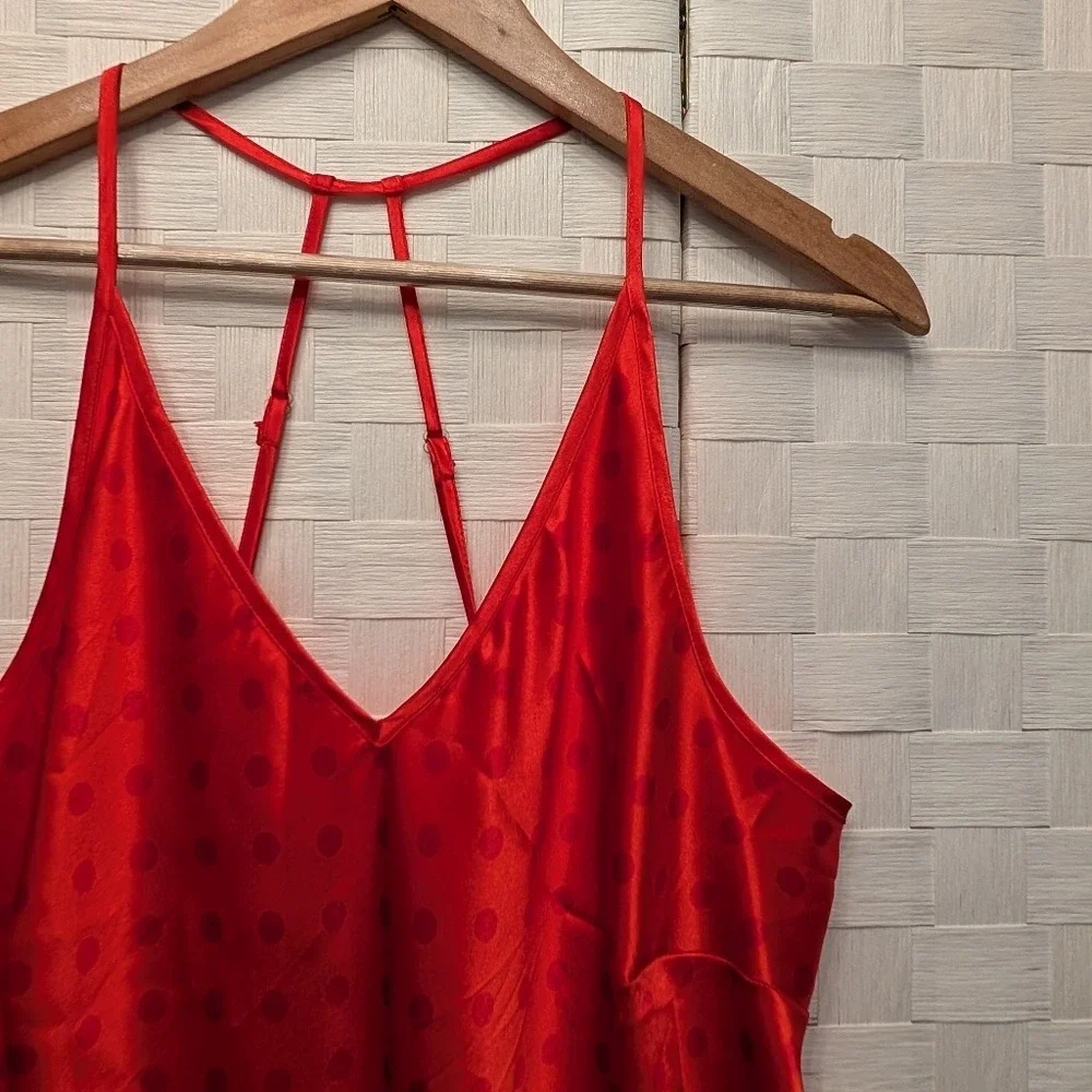 Cacique Red Polka Dot Satin‎ Chemise Lace Trim Caged Back Nightgown 14/16